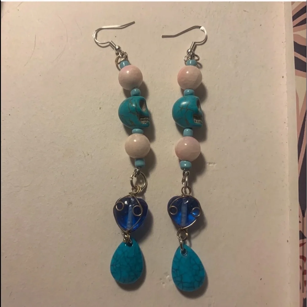 Handmade New S925 Sterling Silver Turquoise Rhodonite Skull Candy Drop Earrings